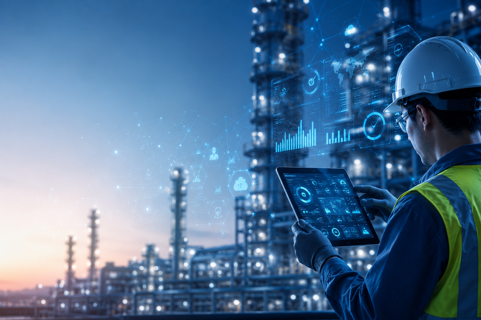 Field worker using a tablet on the factory floor to complete a mobile safety inspection